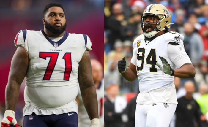 Houston Texans right tackle Tytus Howard (71) and New Orleans Saints defensive end Cameron Jordan (94).